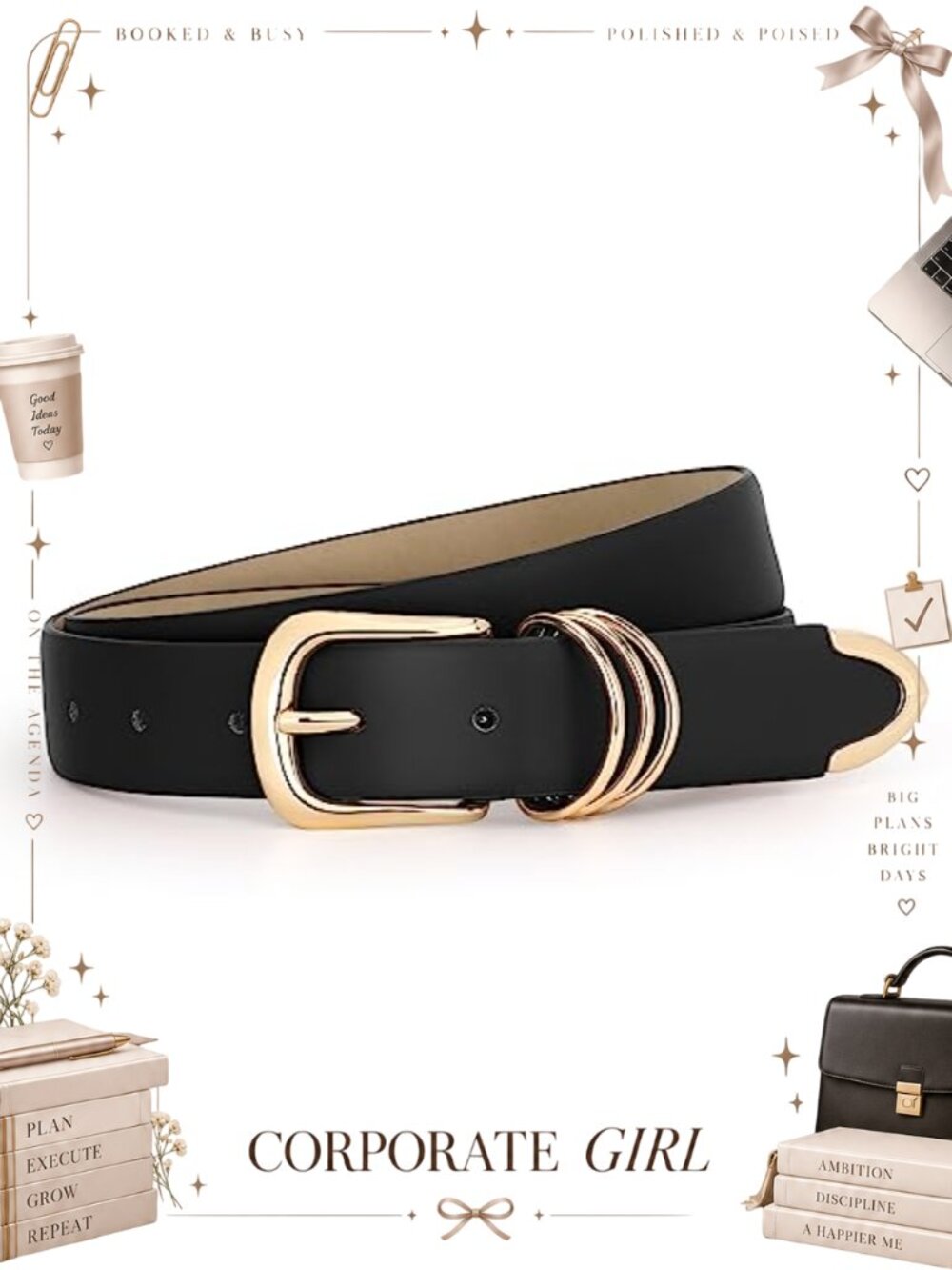 Women's Faux Leather Belt with Gold Buckle Dress Belt
